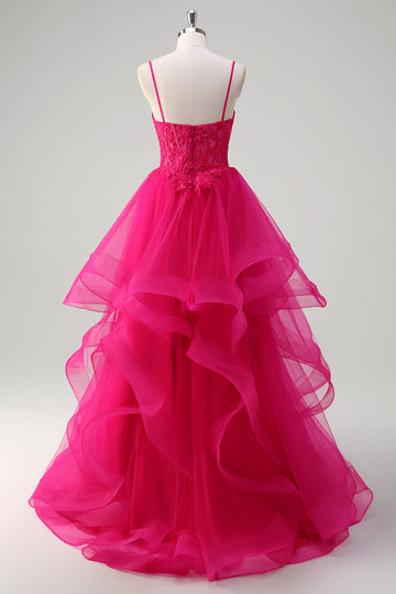 Hot Pink Appliques Korset Spaghetti Stropper A Line Spiral Flæser Gallakjole